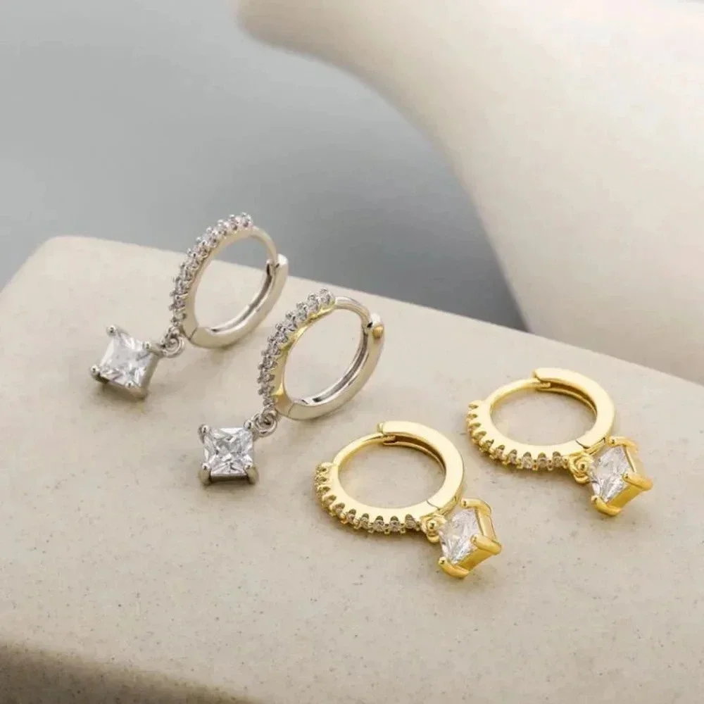 Sterling Silver Hoop Princess Cut Diamond Earrings